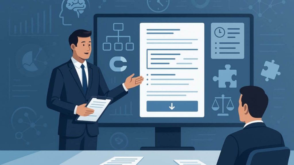 Profissional apresentando proposta estruturada em sala de reunião, com tela exibindo gráficos, templates e elementos visuais de persuasão como fluxogramas e ícones cognitivos, em estilo moderno e corporativo.
